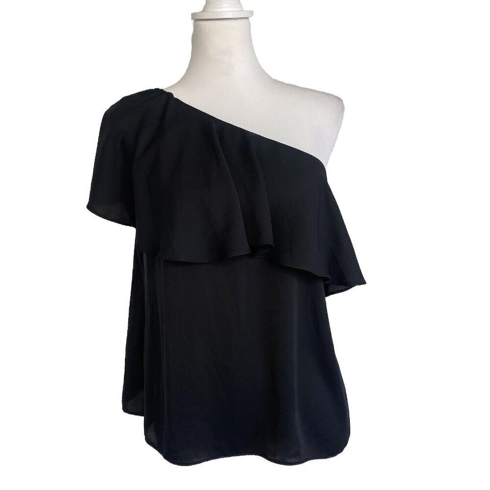 Amanda Uprichard One Shoulder Ruffle Black Top Blouse Evening Party Size LARGE